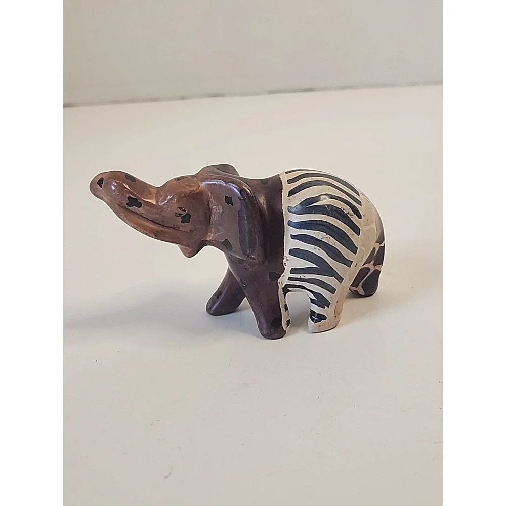 Handcarved Soapstone Elephant Figurine Handpainted Safari Patchwork 2.25